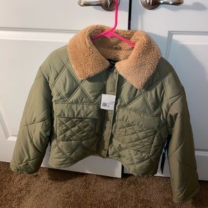 Olive Faux Shearling-Trim Quilted Jacket New with tags